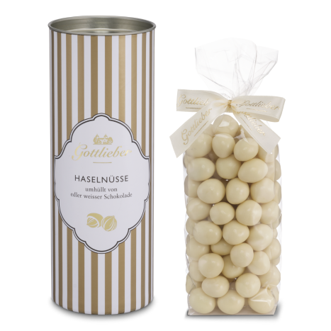 Haselnüsse mit weisser Schokolade im edlen Runddösli