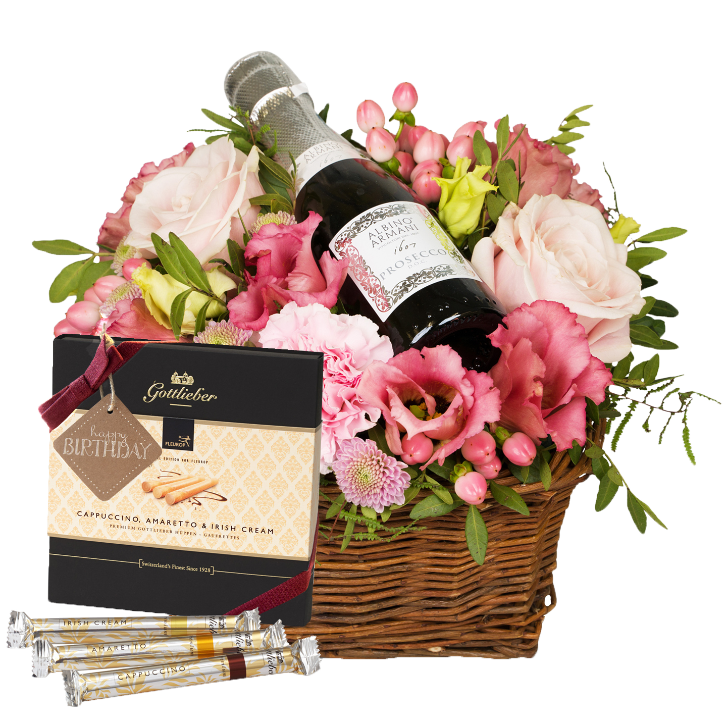 «Blumenfee» von Fleurop mit Prosecco Albino Armani DOC (20cl), Gottlieber Hüppen und «Happy Birthday»-Anhänger
