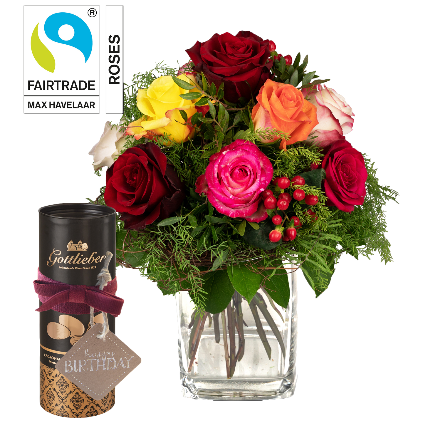 «Rosenzauber» mit Fairtrade-Rosen Max Havelaar von Fleurop mit Gottlieber Cacaomandeln und «Happy Birthday»-Anhänger